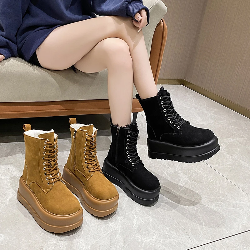 2022 Women Warm Plush Snow Boots Non-slip Winter Boots 7.5CM Suede Leather Chunky Sneakers Thick Fur High Platform Ankle Boots