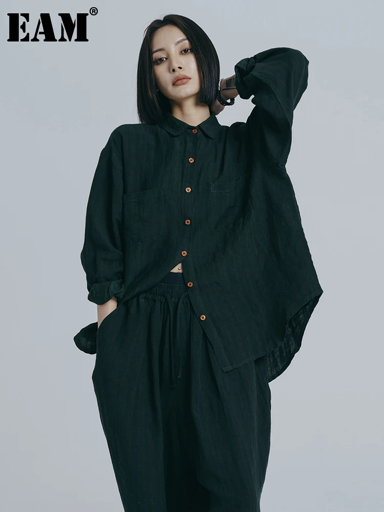 

[EAM] Wide Leg Pants Linen Big Size Two Piece Suit New Lapel Long Sleeve Green Women Fashion Tide Spring Autumn 2022 1DE6578