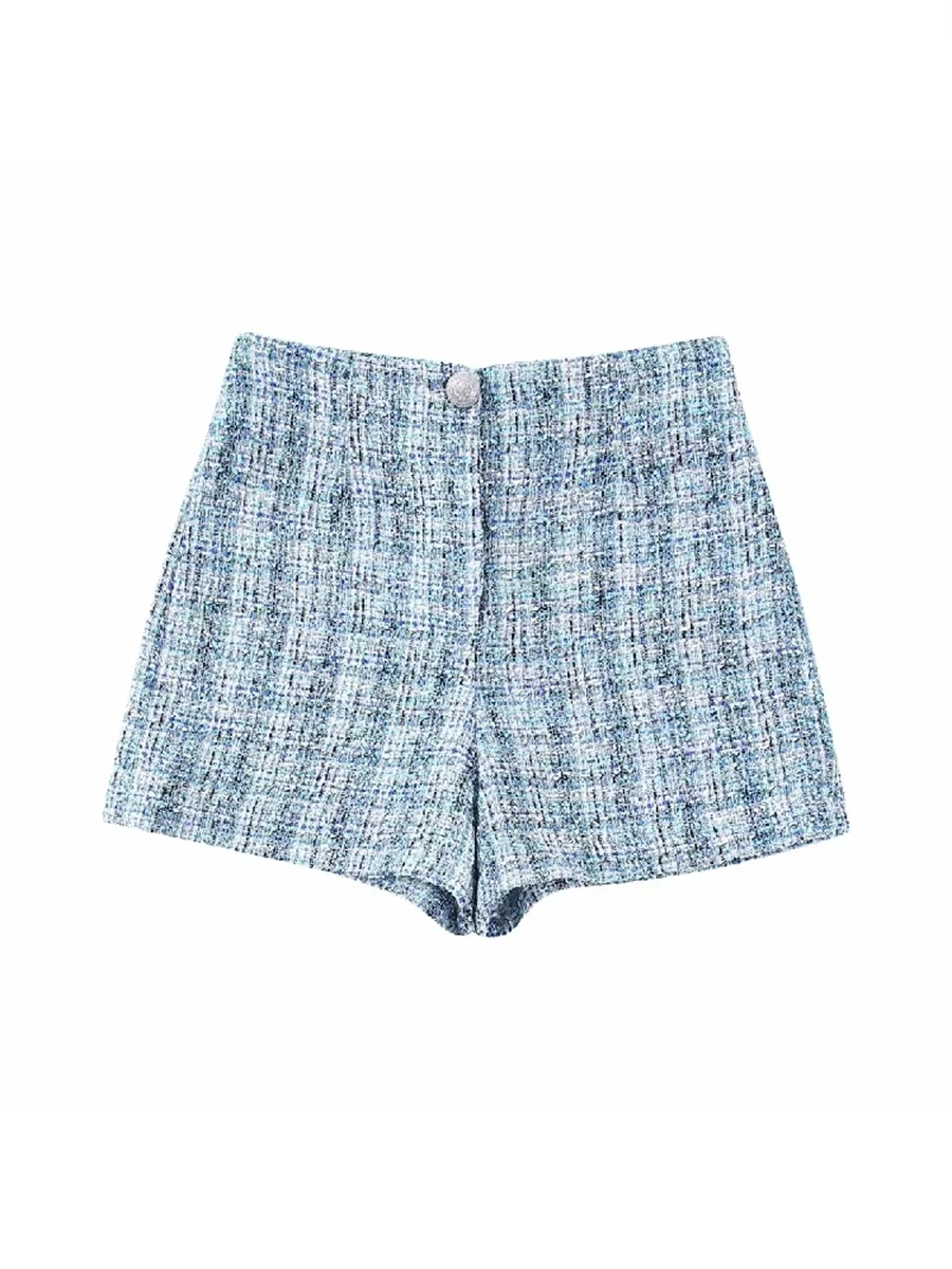 

Women Fashion Tweed Plaid Buttoned Shorts 2022 New High Wasit Zipper Fly Female Office Lady Bottoms