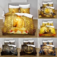 Gold Buddha Duvet Cover Set, Asian Religions Culture Bedding Set, Buddhist Themed Duvet Cover For Buddhist Believer