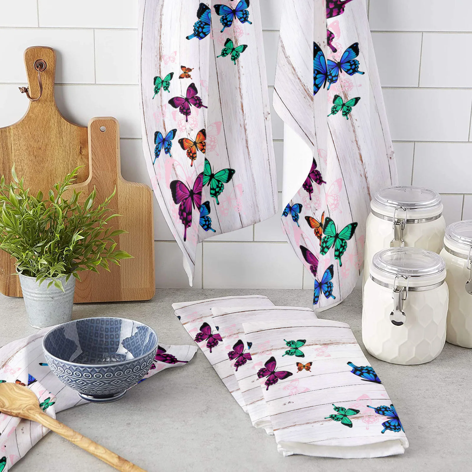 

Wood Grain Retro Colorful Butterfly Kitchen Towels Household Kitchen Tools Accessories Microfiber Wiping Towel Cleaning Cloth