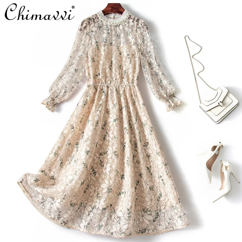 

Heavy Net Yarn Lace Dresses for Women 2022 Early Spring New Long-sleeve High Waist Slimming Elegant Floral Midi Dress Feminine