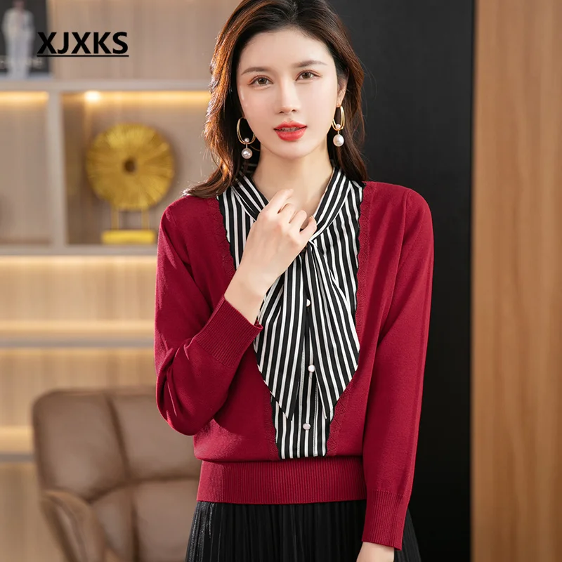 

XJXKS, Новинка весна-осень 2023, женский тонкий свитер с воротником-бантом, темпераментный полосатый вязаный пуловер с прострочкой, рубашка, женские топы