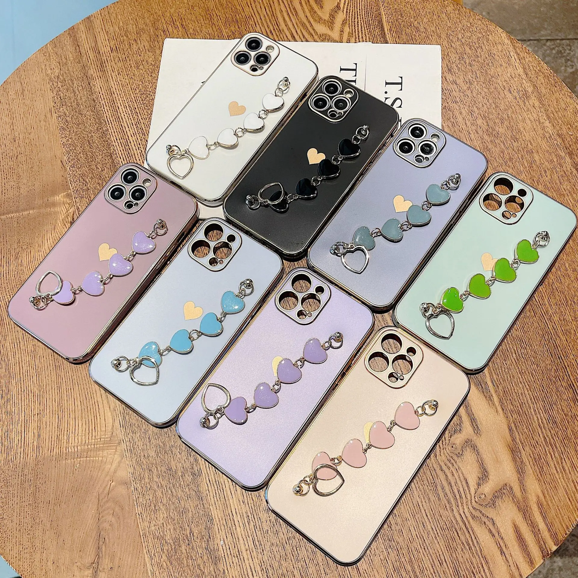 

10pcs Cute Electroplating TPU Back Cover Heart Shape Wrist Strap Carry Case for iPhone 13 Pro Max Mini 12 Pro Max 11 Xs Max 7 8