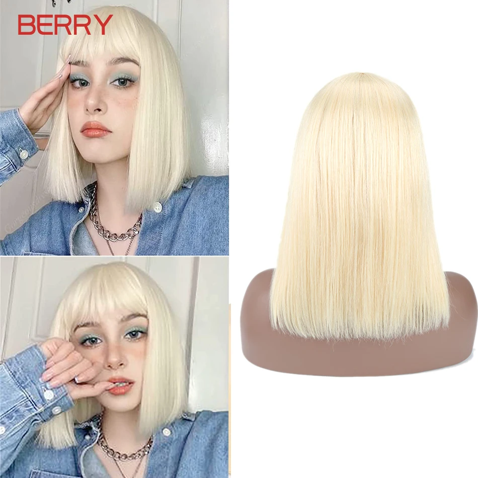 Short Straight Blonde Black/white Bob Wig with Bangs for Women Straight Bob Human Hair Wigs Glueless Lolita Cosplay Party Hair