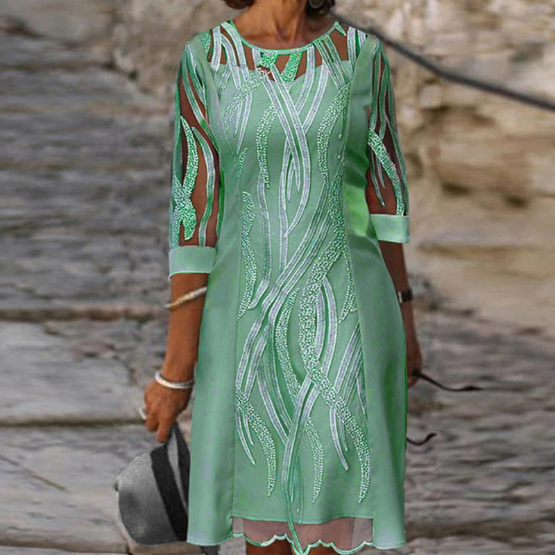 

Casual Loose Long Dress New Summer Fake Two Pieces Half Sleeve Elegant O-neck Dresses Fashion Loose Lace Dress Women Robe 26521