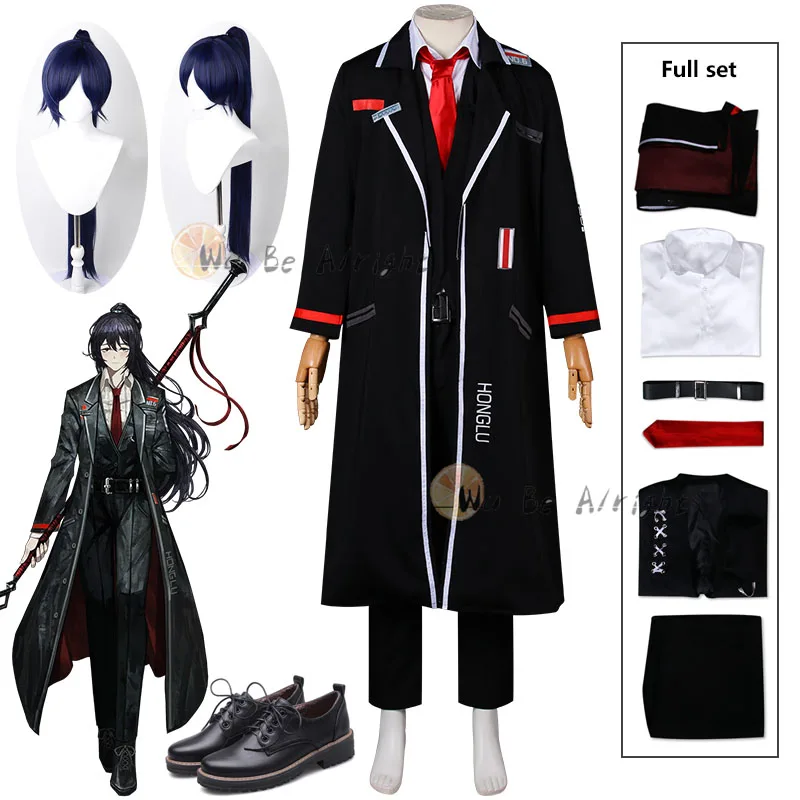 

Limbus Company Hong Lu Game Cosplay Costume Black Uniform Top Pants Sinner #6 Trench Blue Hair Black Shoes Halloween Women Man