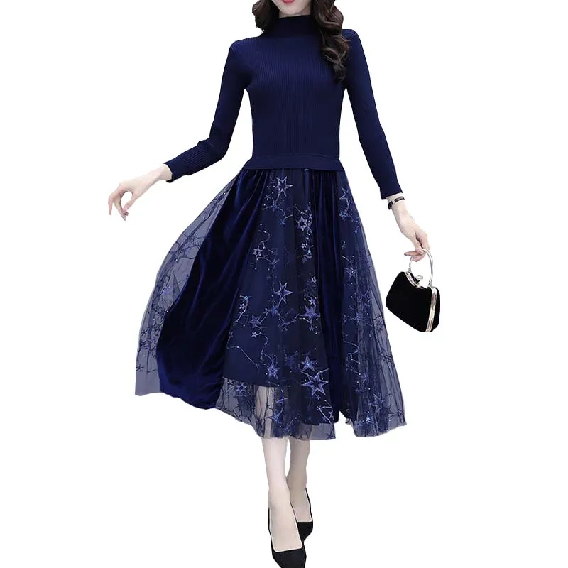 

Elegant Knitted Sweater Dress early spring Dress Long Sleeve Sweater Mesh Patchwork Women Dress FC2039