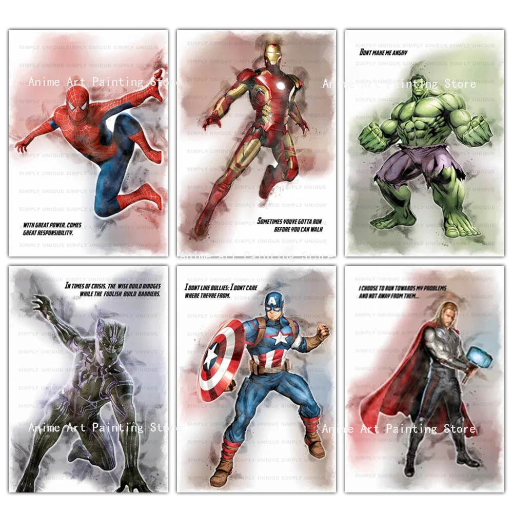 

Watercolor Marvel Avengers Superhero Painting Spiderman Iron Man Captain America Canvas Poster Wall Art Living Room Home Decor