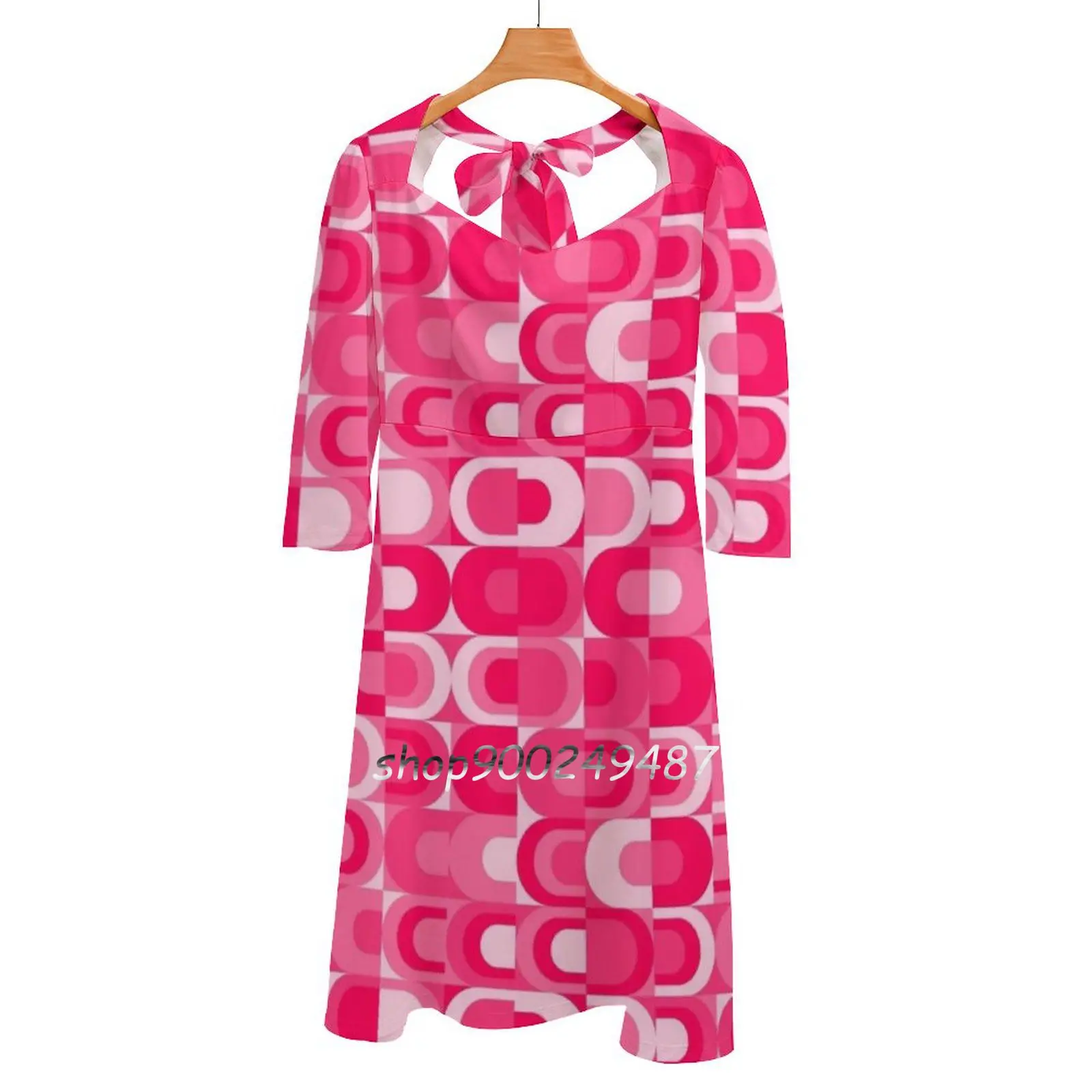 

70S Pattern Retro Industrial Pink Collection Sweetheart Knot Flared Dress Fashion Design Large Size Loose Dress Pattern