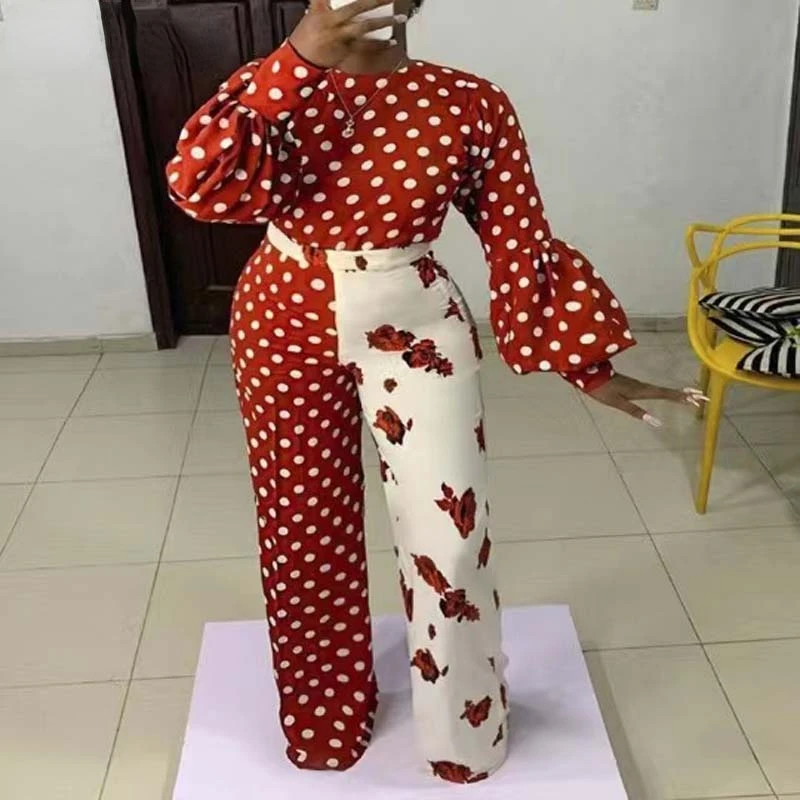 Женский комбинезон в горошек красный/белый стиле пэчворк с широкими штанинами и