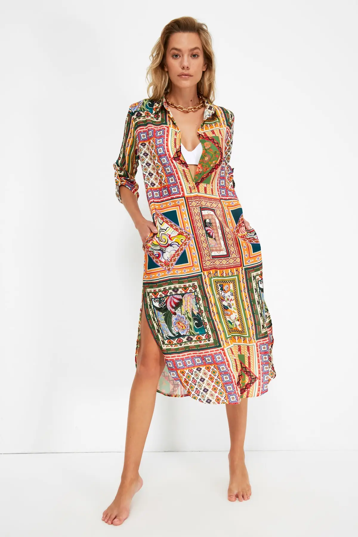

Trendyol Tile Pattern Button Viscose Beach Dress TBESS21EL4226
