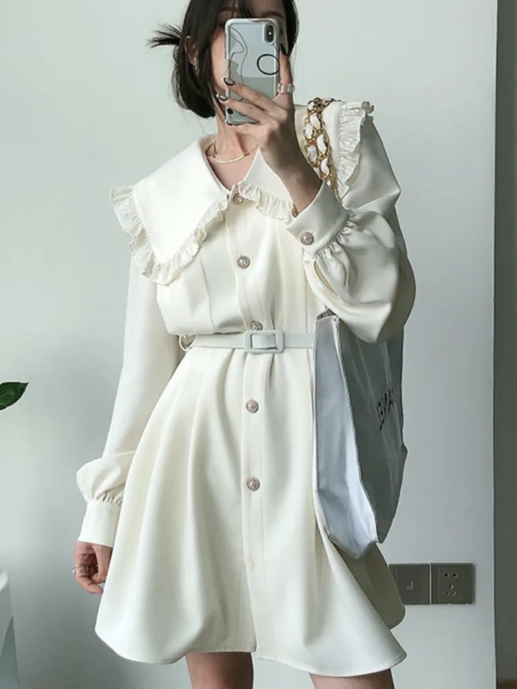 

Autumn New Single Breasted White Dress Chic Doll Collar Long Sleeve Belted Mini Dress Office Ladies Elegant Workwear