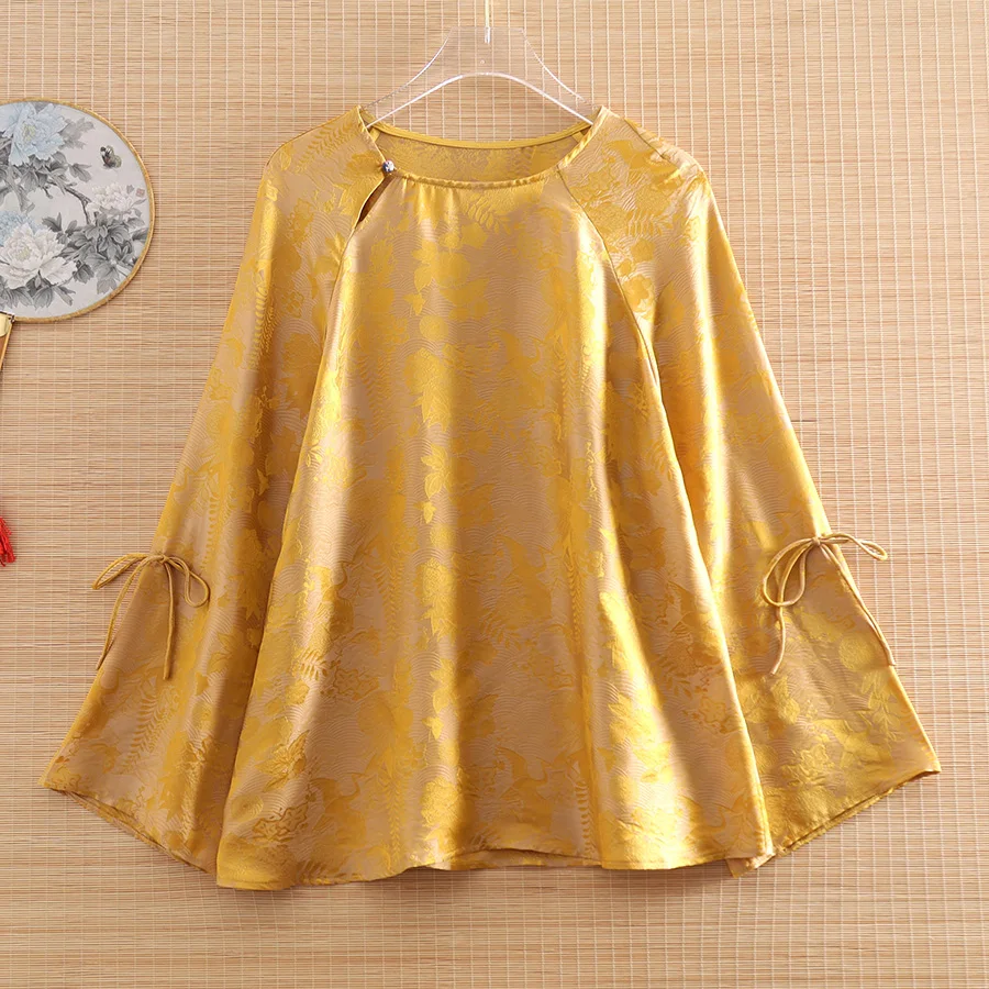 

Women Print Silk Tops Flowers Chinese Style Vintage Loose Belt Short Shirt Tops Lady Casual Blouse Female S-XXL