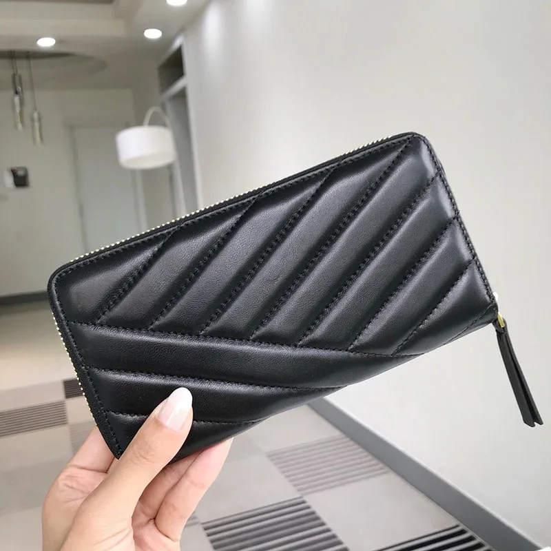 

women wallet genuine Leather black taupe color long Wallets Money purse with color box sheepskin material card holders