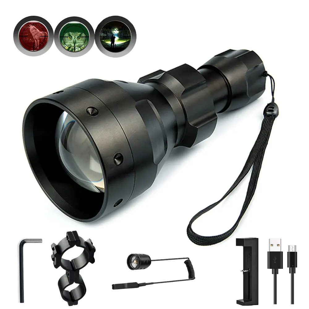 UniqueFire 1504 XPE Single File LED Flashlight 1Mode White/Green/Red Light Torch+Remote Pressure+Charger+Scope Mount For Camping