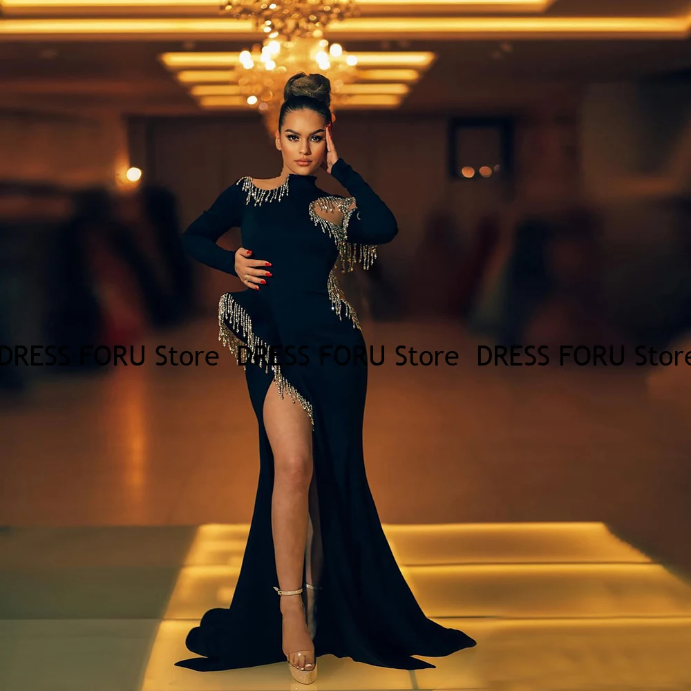 Купи Elegant Black Mermaid Prom Dresses With Long Sleeve High Neck Tassel Side Slit Evening Pageant Gown For Woman Vestido De Noche за 7,165 рублей в магазине AliExpress