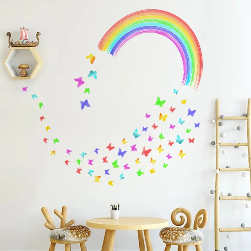 

Красочные украшения, радужные бабочки, настенные наклейки, украшение для детской комнаты, гостиной, настенные наклейки, самоклеящиеся обои