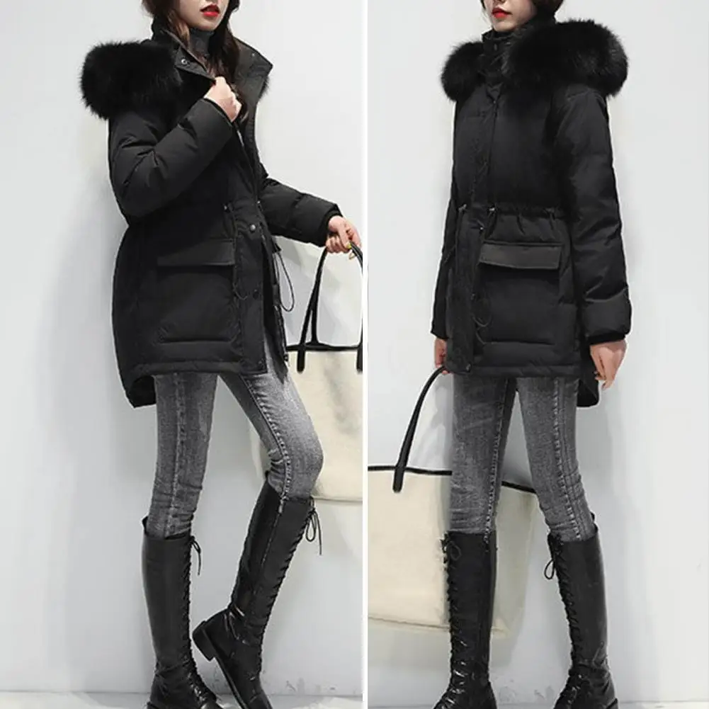 Winter Cotton Coat Padded Plush Furry Hat Hooded Long Style Cold-proof Solid Color Long Sleeves Lady Winter Coat for Outdoor