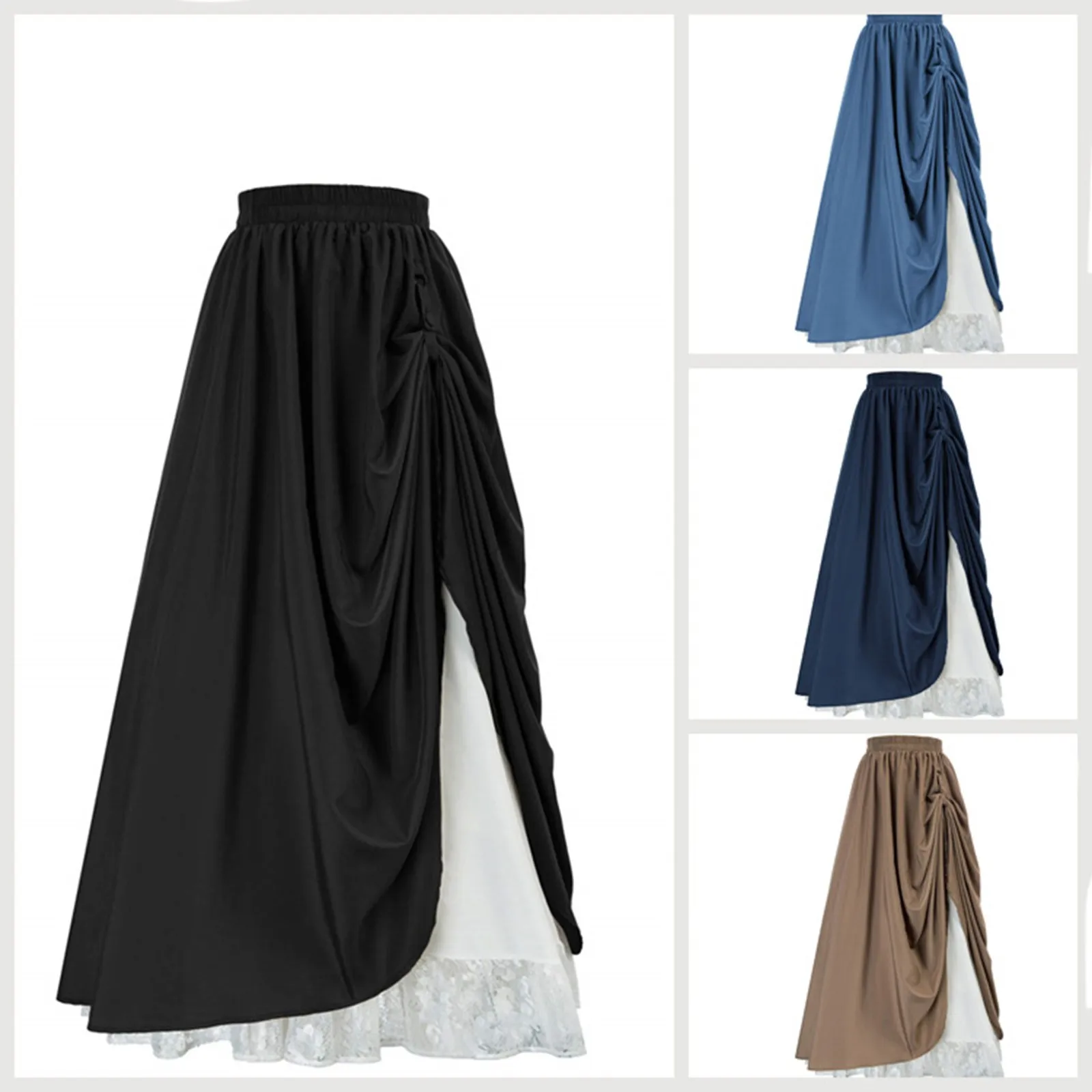 

2023 Women Retro Medieval Elastic Lace High Waist Boho Maxi Skirt Casual Drawstring A Line Long Skirt