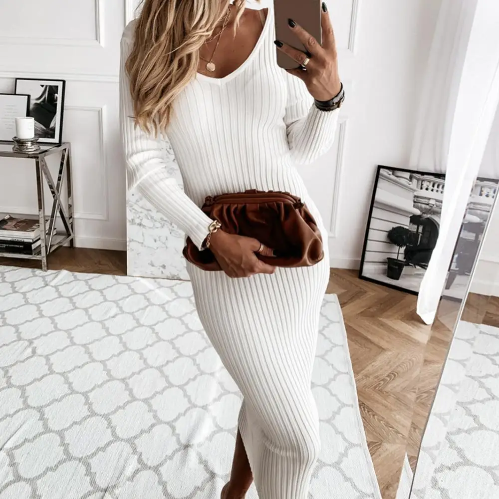 

Women Autumn Solid Color V Neck Long Sleeve Ribbed Knitted Bodycon Maxi Dress Women's clothing женское платье vestidos 2020