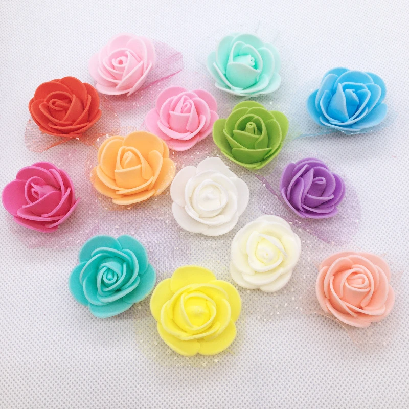 

50/100pcs Mini 3cm Foam Roses with Tulle Multicolor Artificial Flower Heads For Wedding Home Party Decoration DIY Wreath