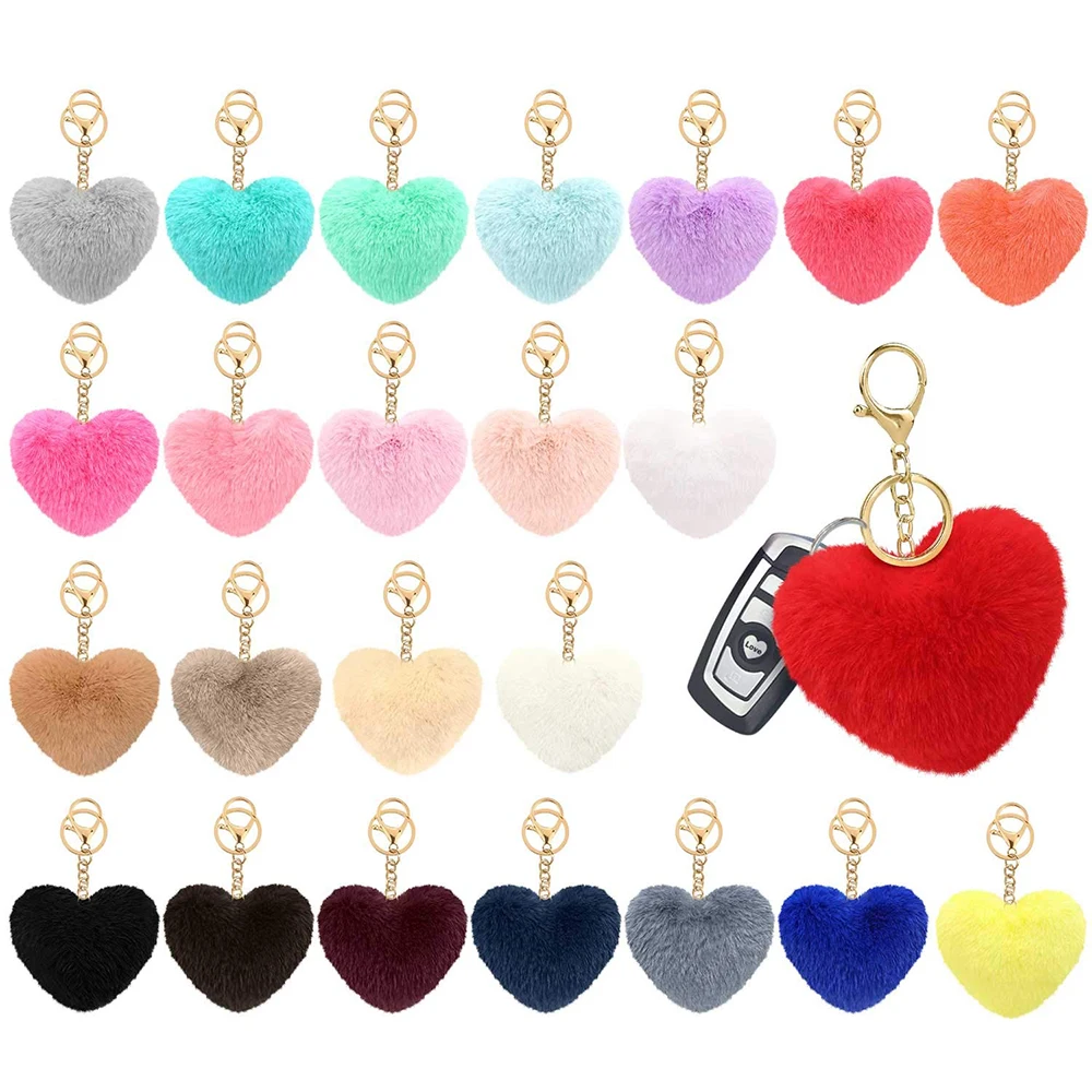 10pcs Pom Pom Keychain With Gold Hook Heart Shape Fluffy Fur Puff Ball Key For Women Girls Bag Accessories Random Color