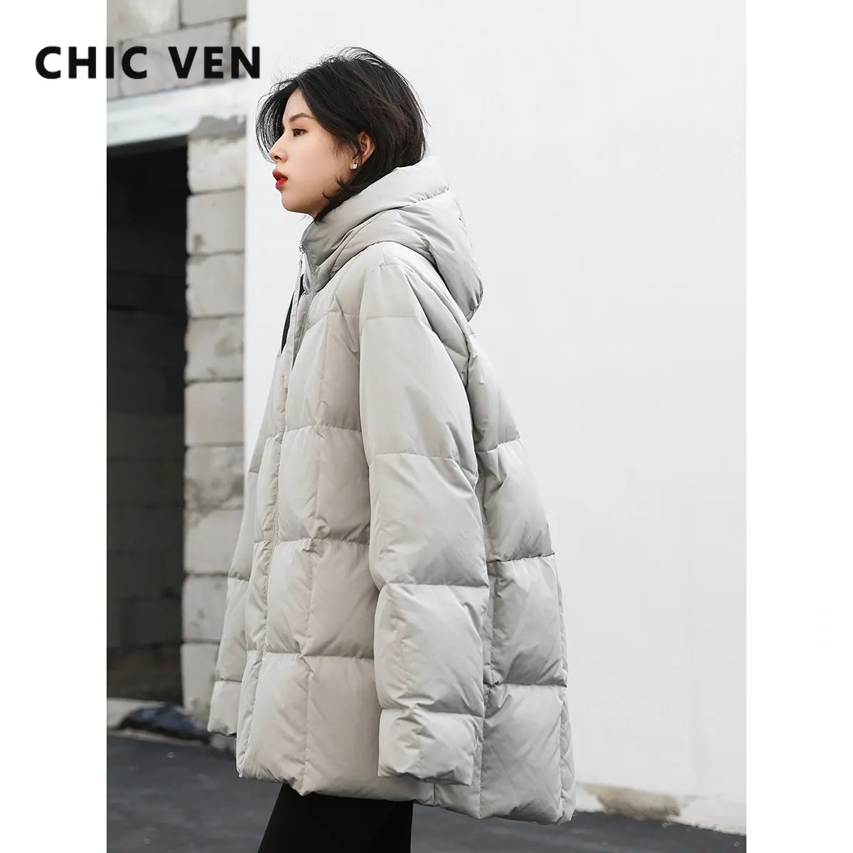 CHIC VEN Women's Down Coats Solid Warm Hooded 90 White Duck Down Jacket Medium Long Coat Female Tops Autumn Winter 2022