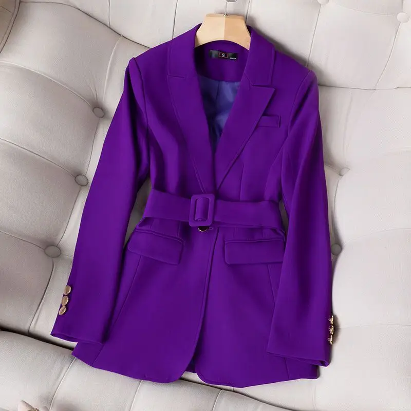 

Purple Suit Jacket Women's Autumn and Winter Korean Style Fashion Waist High-end Belt Mid-length Professional Suit Suit 2023 New