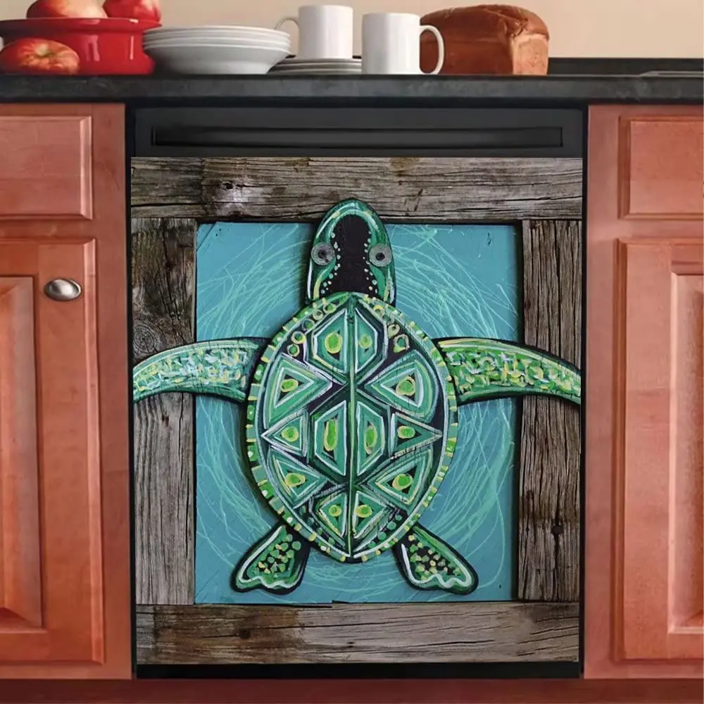 

Kitchen Decor Turtle Dishwasher Magnet Door Cover,Wood Dishwasher Magnetic Funny Cover,Ocean Sea Turtle Fridge Magnet Decal Stic