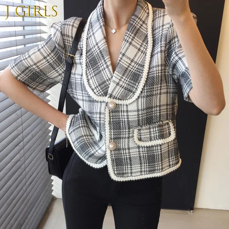 

J GIRLS Women Jacket 2021 Summer Korean Chic Ladies Retro Temperament Lapel Contrasting Bezel Check Two-Button Loose Tweed Coat
