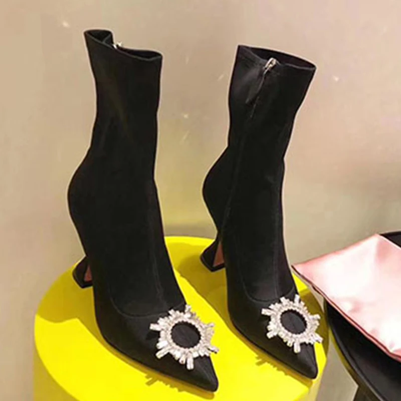 2023 New Autumn and Winter Pointed Toe Stiletto Mid-tube High Heels Rhinestone Elastic Women's Short Boots