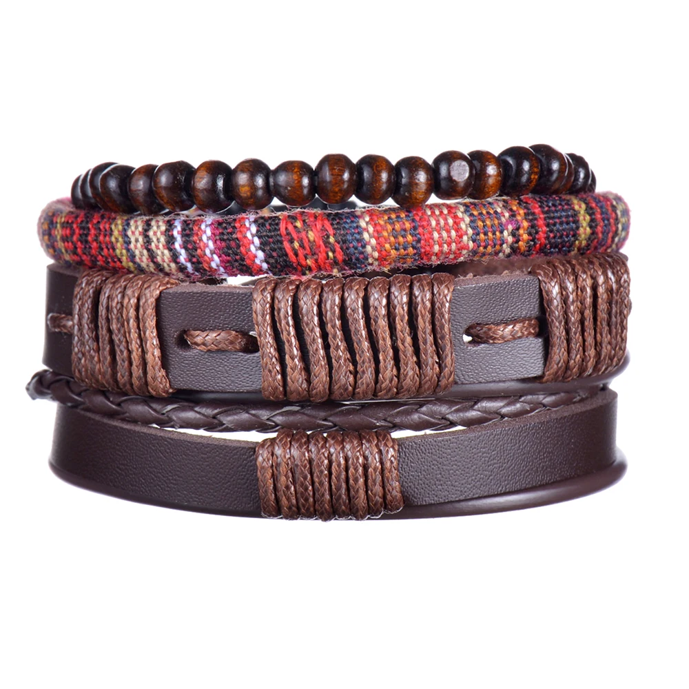 

Trendy Vintage Leather Bracelets Multilayer Wristband Fashion Wood Beads Bangles For Women Men Ethnic Braided Jewelry Gift
