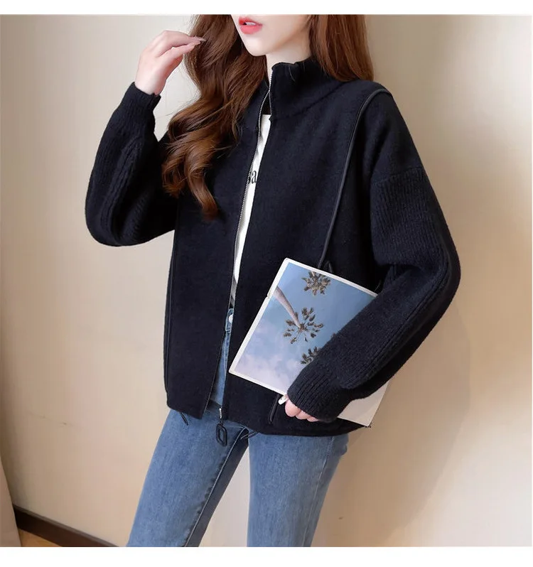 

Casual tweed coat,Imitation double-sided knitted jacket for women's autumn new zippered baseball jacket short loose and th2023