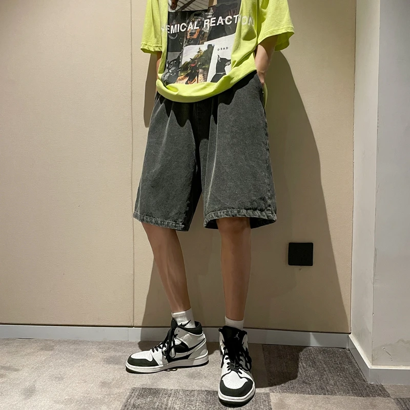 

Korean Style Summer Men's Black Wide Leg Denim Shorts 2022 New Fashion Casual Baggy Short Jeans Male Brand Clothes