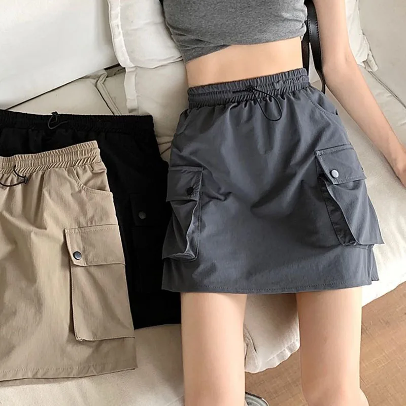 

Jmprs Cargo Skirts Women Streetwear Elastic Waist Y2K female Harajuku Casual Pocket Mini Skirt Solid Summer Sexy Lady