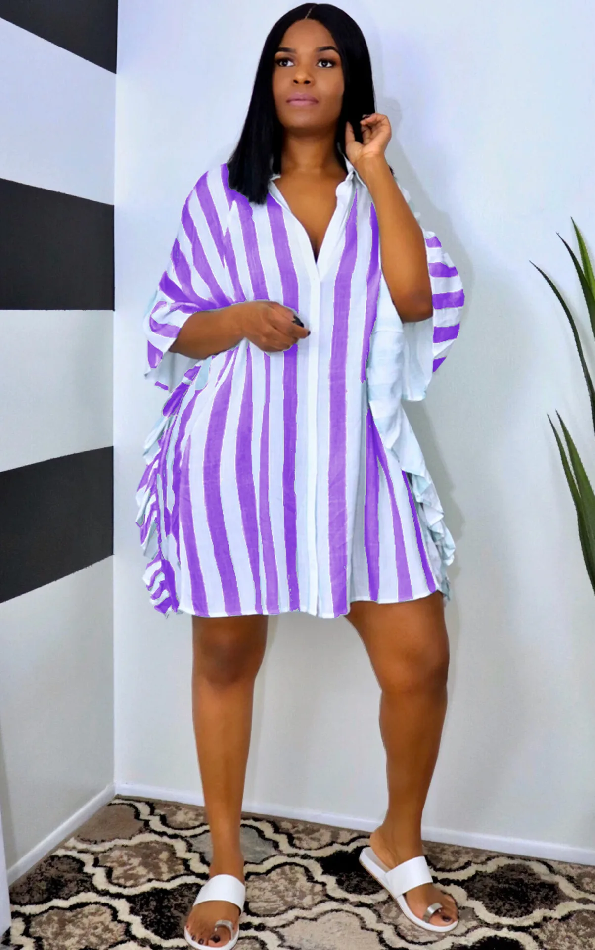 

Summer Loose Striped Shirt Dress Women Fashion Casual Striped Short-sleeved Wooden Ear Mini Dress Women