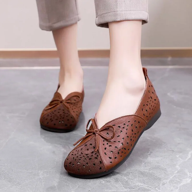Big Size 35~43 NEW 2023 Spring Walk For Women Flats Mom Genuine Leather Loafers Lazy Summer Mules Sewing Shallow Driving Shoes