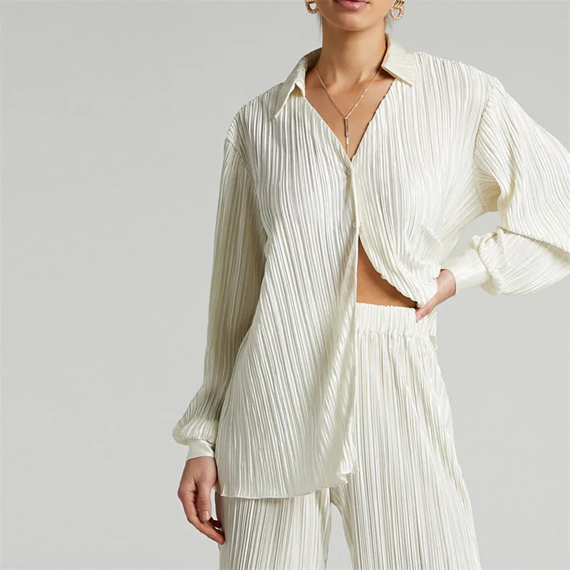 

Two Pieces Crumpled Shirts Wide Leg Pants Suits Women Outfits 2022 Autumn Long Sleeve Lapel Suits Solid Casual Wave Loose Sets