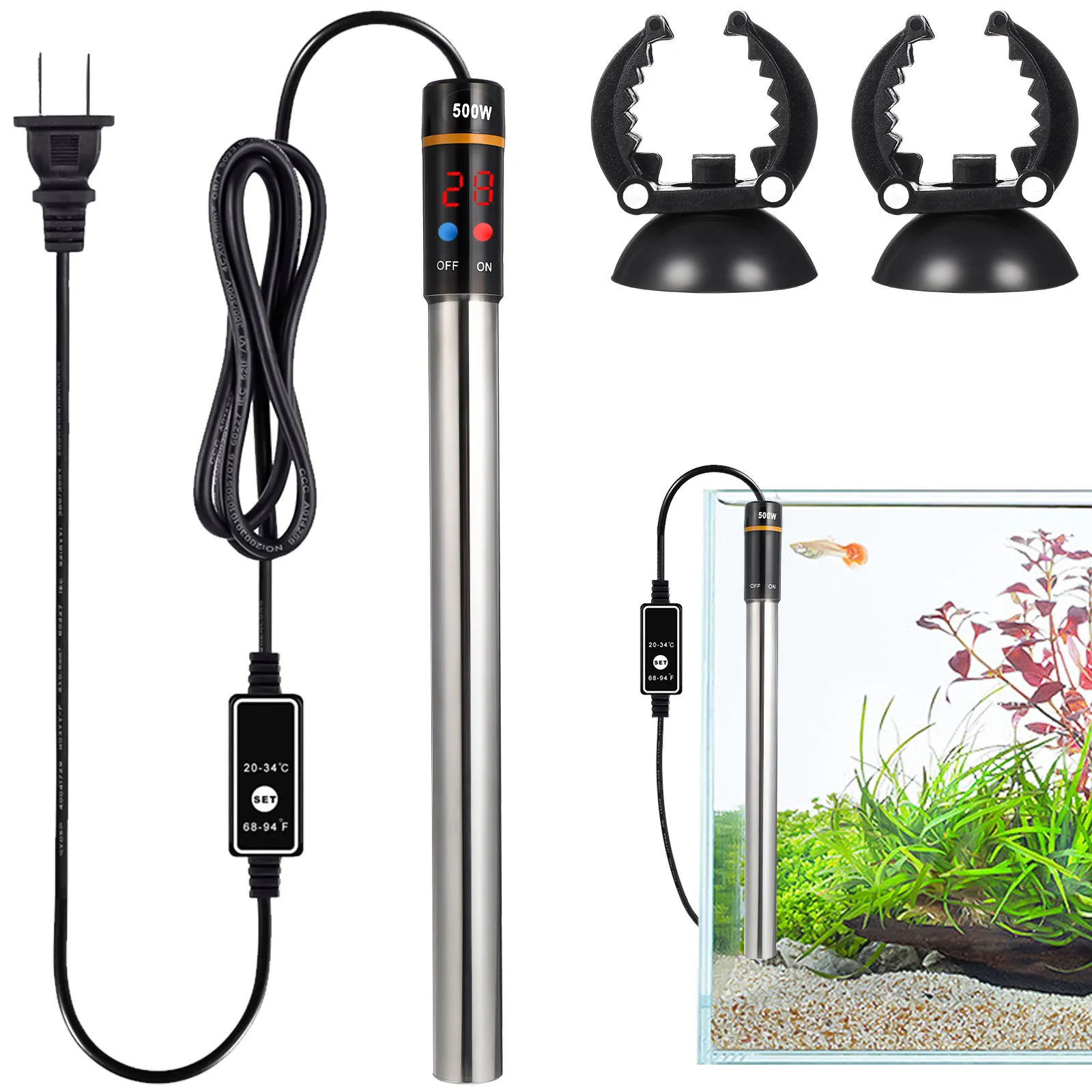 

Betta Fish Heater Aquarium Tank Water Thermostats Submersible Stainless Steel Adjustable