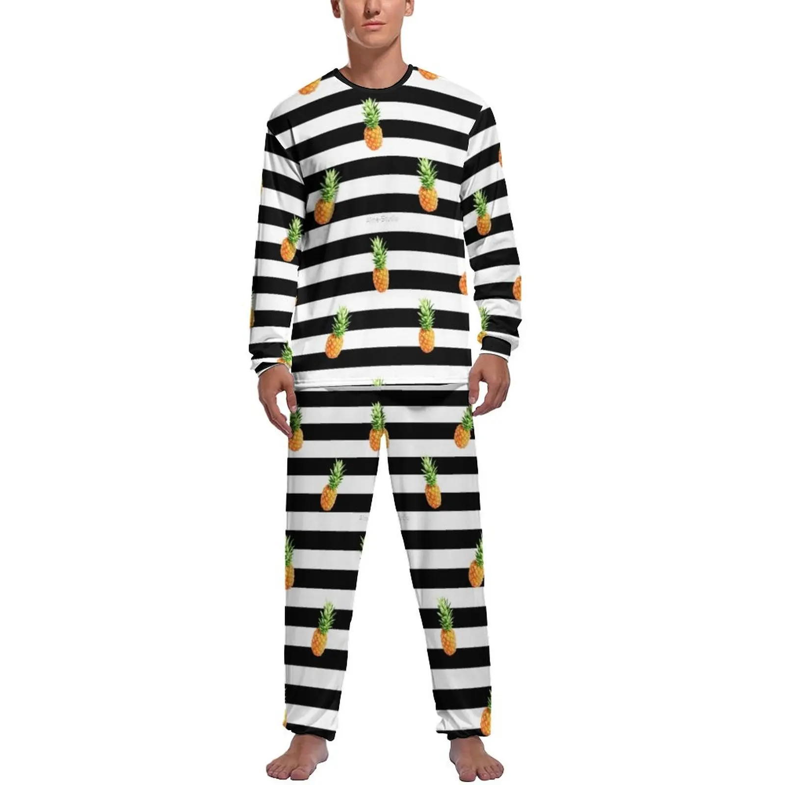 Cute Pineapple Pajamas Autumn Black Stripes Print Sleep Nightwear Man 2 Pieces Custom Long-Sleeve Soft Pajamas Set