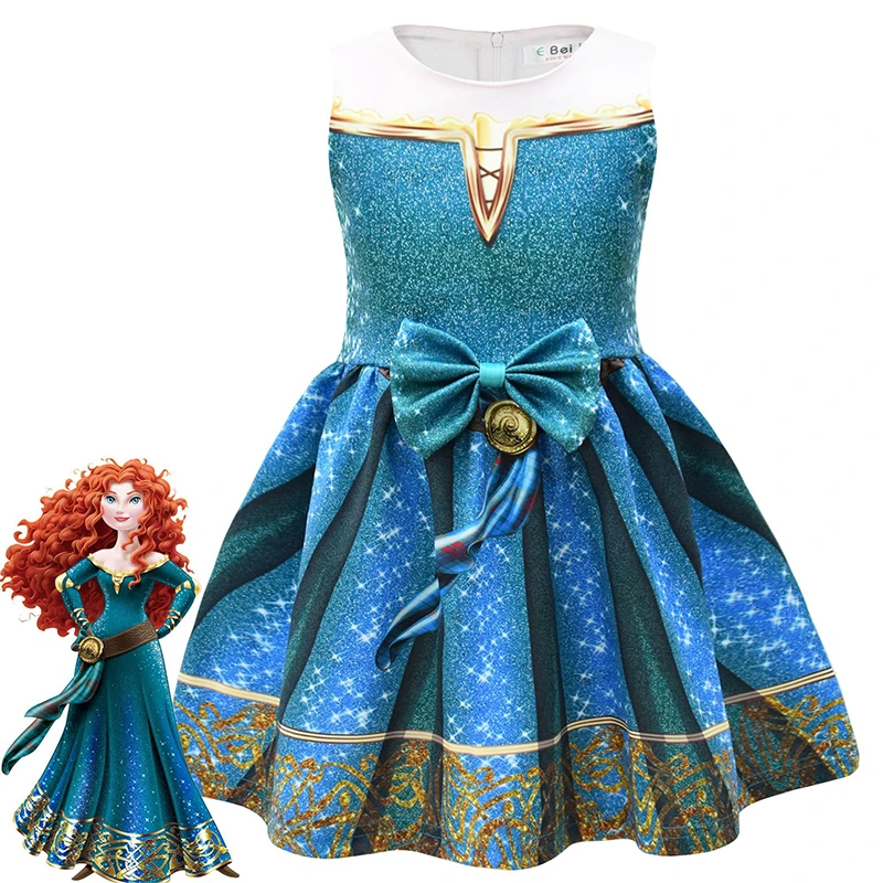 

Disney Princess Halloween Dress Up Kids Sweet Bowknot Merida Summer Sleeveless O-neck Decor Cosplay Dress Carnival Party Costume