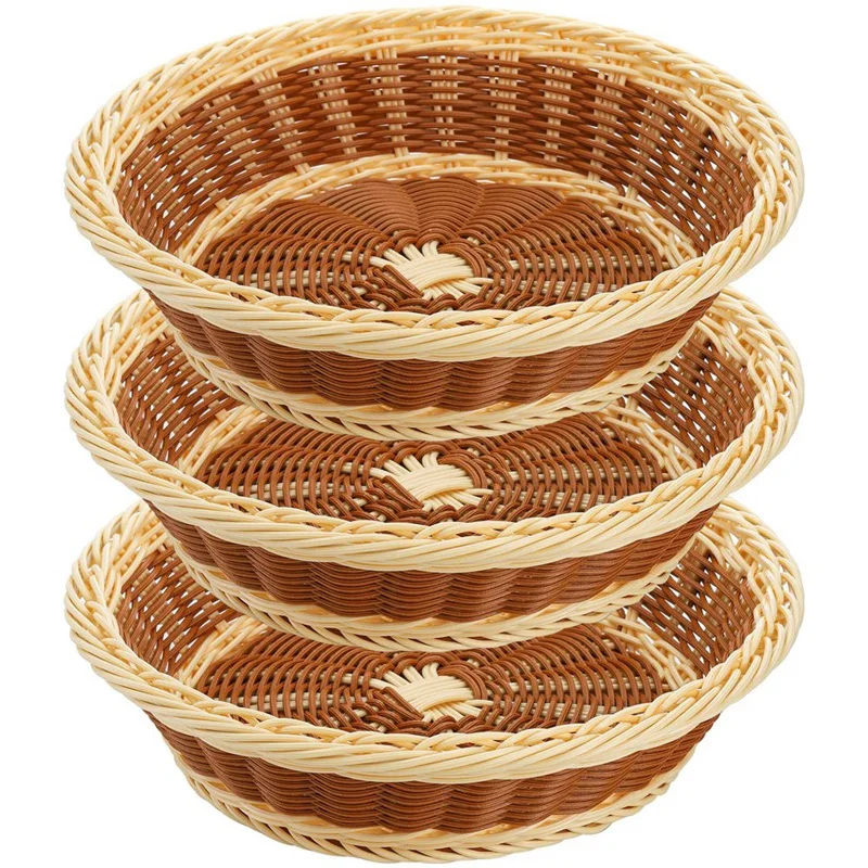 

3Pcs Woven Breads Baskets 11.5 Inch Round Fruit Basket Stackable Food Serving Holder Imitation Rattan Basket For Kitchen