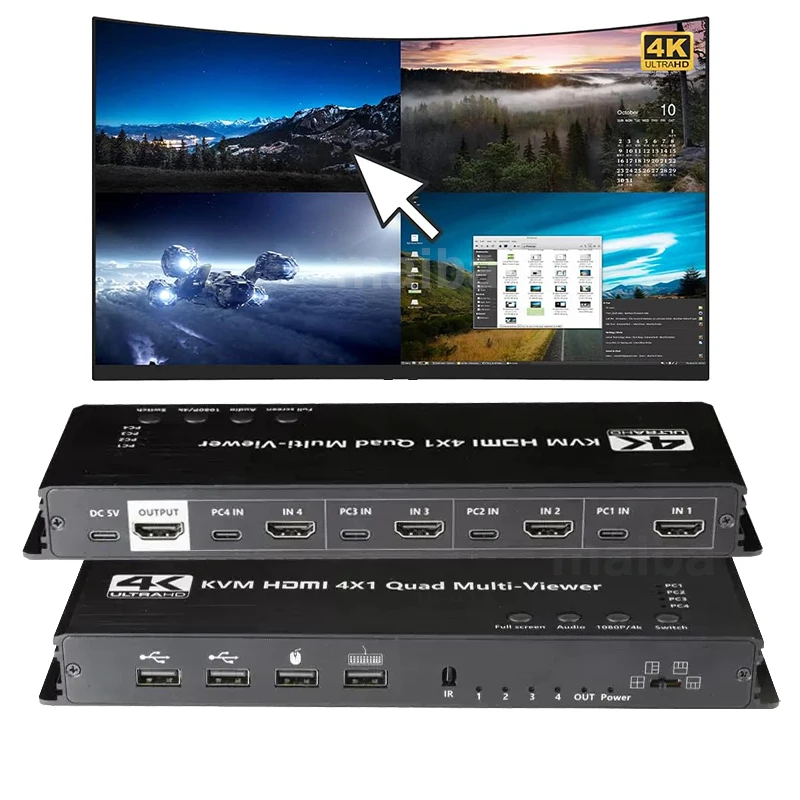 4K HDMI KVM переключатель мультипросмотра 4x1 HDMI четырехъядерный экран в режиме реального времени мультипросмотр USB переключатель 4 в 1 для 4 ПК совместная Мышь Клавиатура