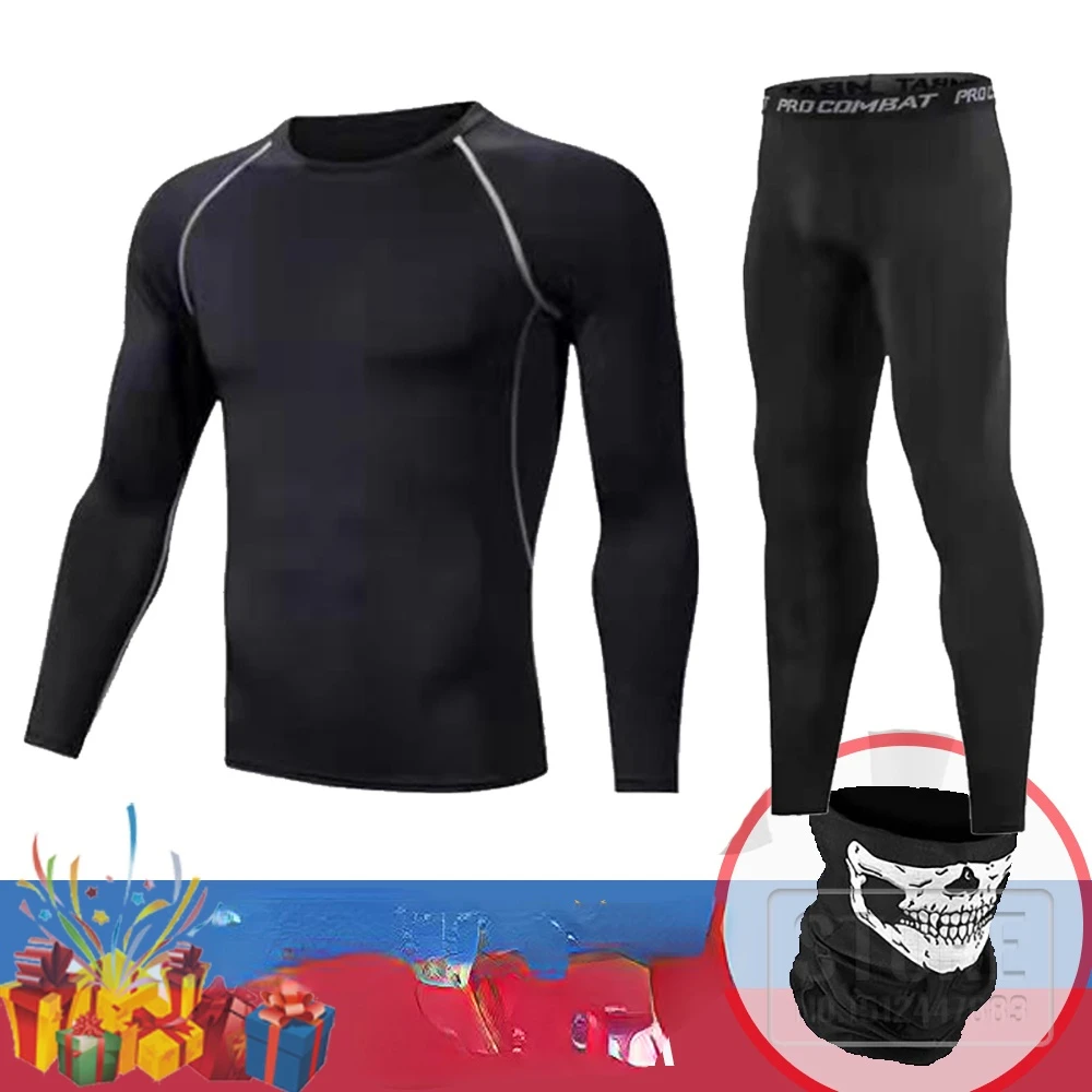 

BLACK Men's Thermal Underwear Set Motorcycle 4 Seasons Skiing Warm Base Layers Sportwear Tight Long shirt & Tops Set clothing