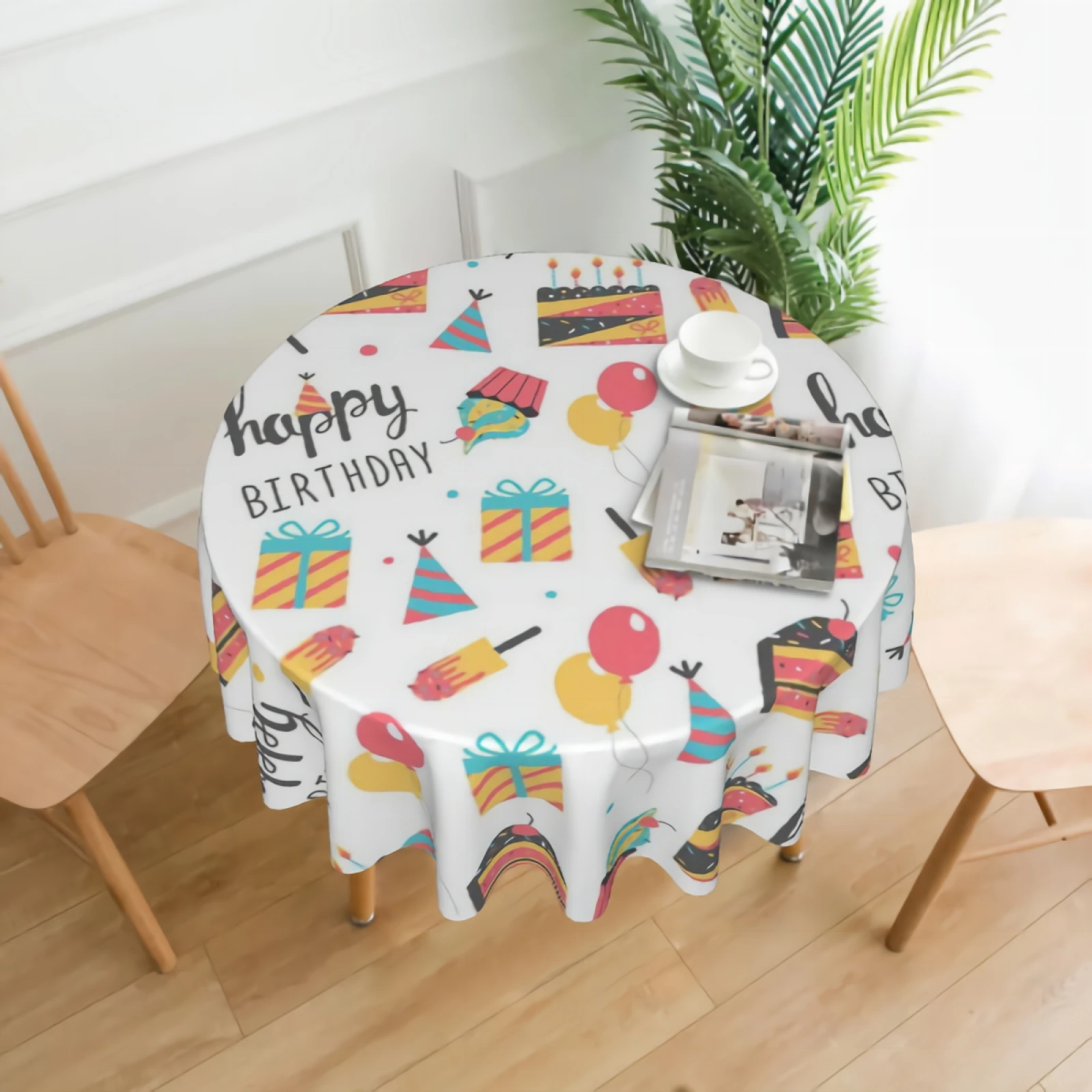 

Birthday Cake Round Tablecloth 60 Inch Cupcake Table Cover Table Cloth with Waterproof Wrinkle Resistant for Home Kitchen
