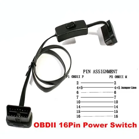 Новый OBD2 16-контактный удлинительный кабель с переключателем, ультратонкий локтевой кабель для лапши для автомобильного диагностического разъема ELM327, шнур OBD