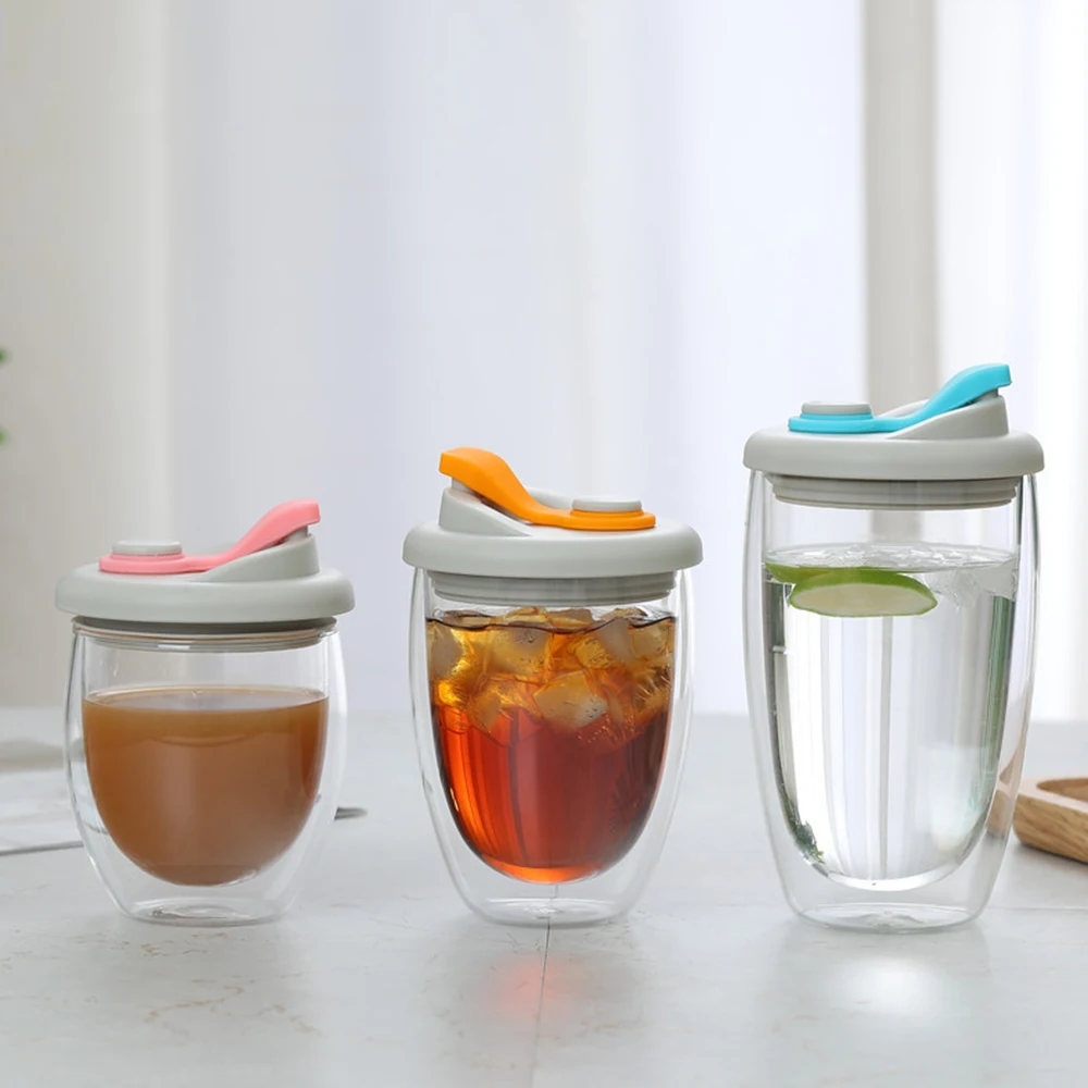 

Leak Proof Double Wall Glass Cup With Airtight Silica Gel Lid Insulated Coffee Mug Tea Juice Cup Insulated Glass Egg-Shaped Cup