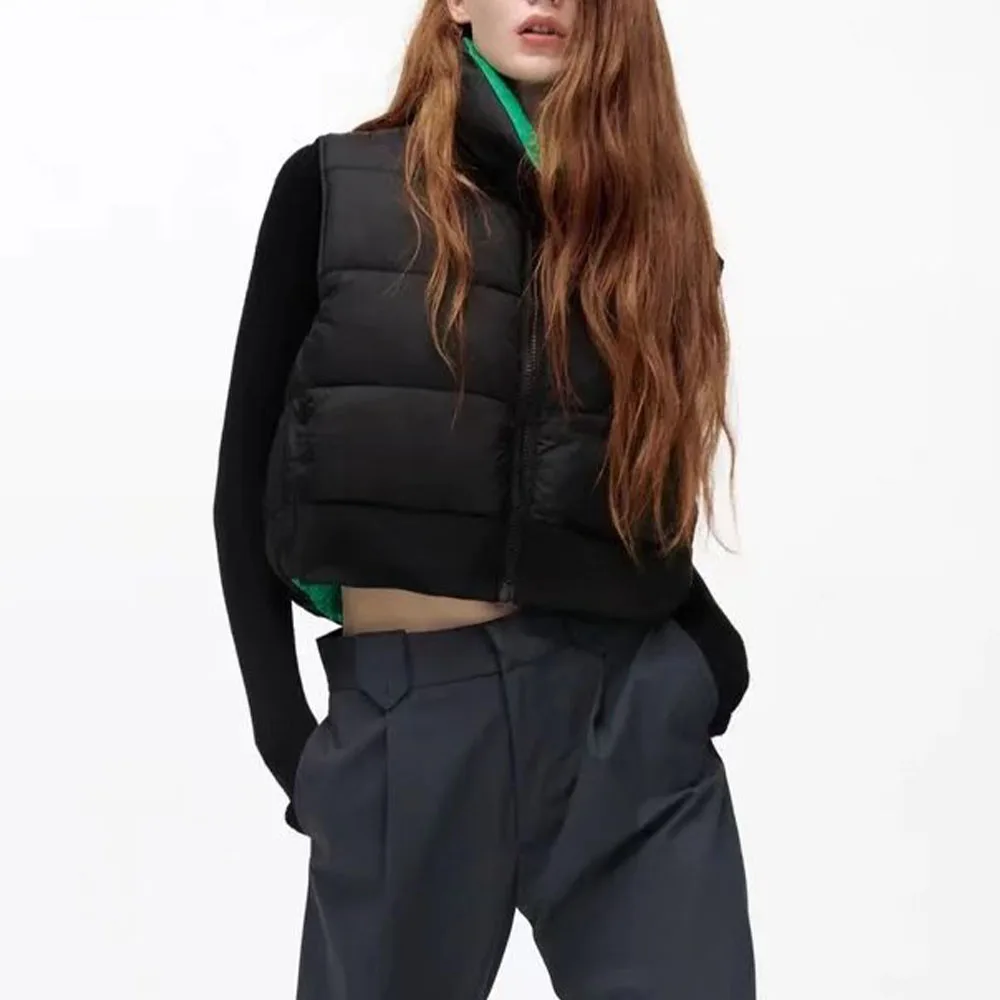 

2021 Women Fashion Zip-up Double-sided wear Vest Coat Vintage turndown collar Female Waistcoat Chic Tops
