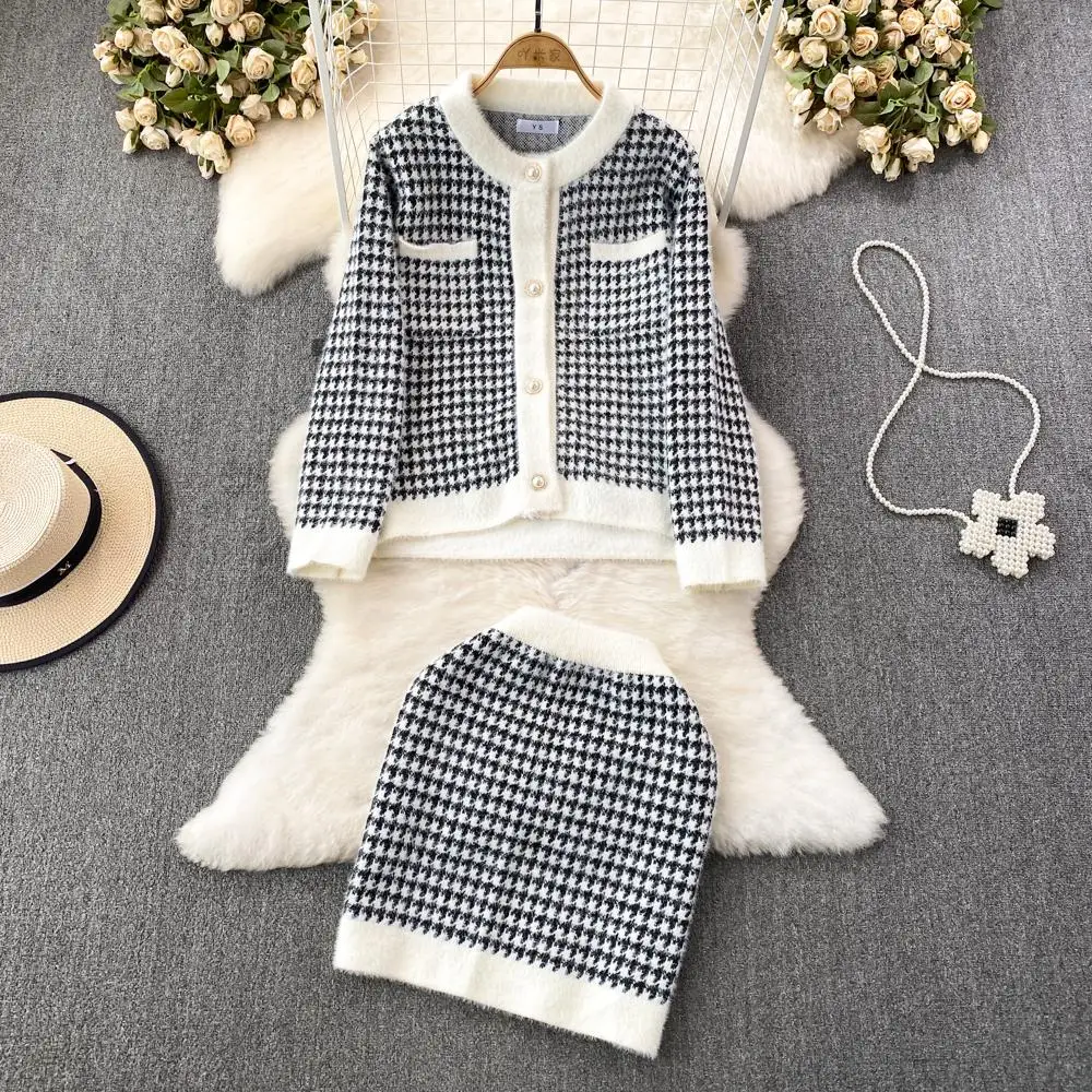 

Women Knitted Skirt Suit Winter Autumn Office Lady Elegant Houndstooth Crew Neck Cardigans High Waist Pencil Skirts 2 Piece Sets